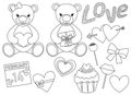 Set Valentine`s day Bears heart balloons gifts candy black and white coloring vector illustration Royalty Free Stock Photo